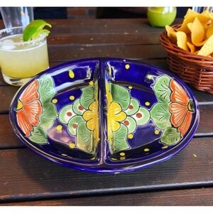 Talavera 2 Section Oval Multipurpose Lead Free Made Mexico Serving Dish Pottery